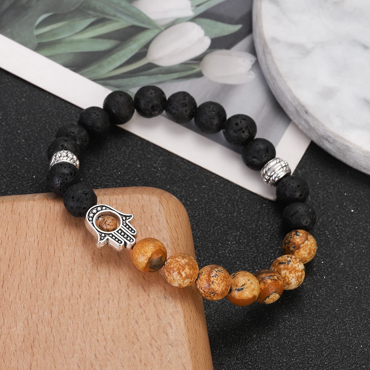 Natural Tiger Eye Lava Beads Chakra Bracelets for Men Women Lucky Turkish Evil Eye Hand Of Fatima Jewelry Bangles Gifts