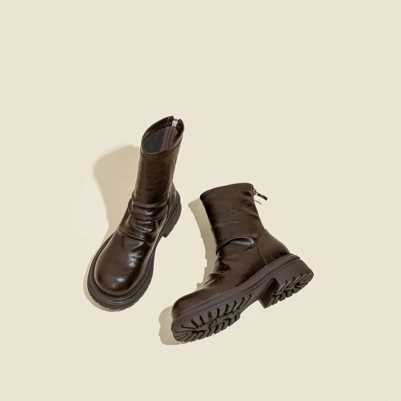 

Short boots for women in autumn and winter 2025 new British style thick heel elastic pleated pile short boots
