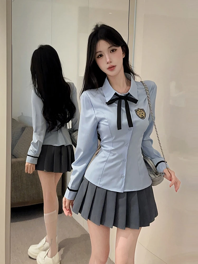 Sexy School Uniform Outfit Blue Collar Long Sleeve Single Button Shirt Grey Pleated Skirt Two Piece Set for Women