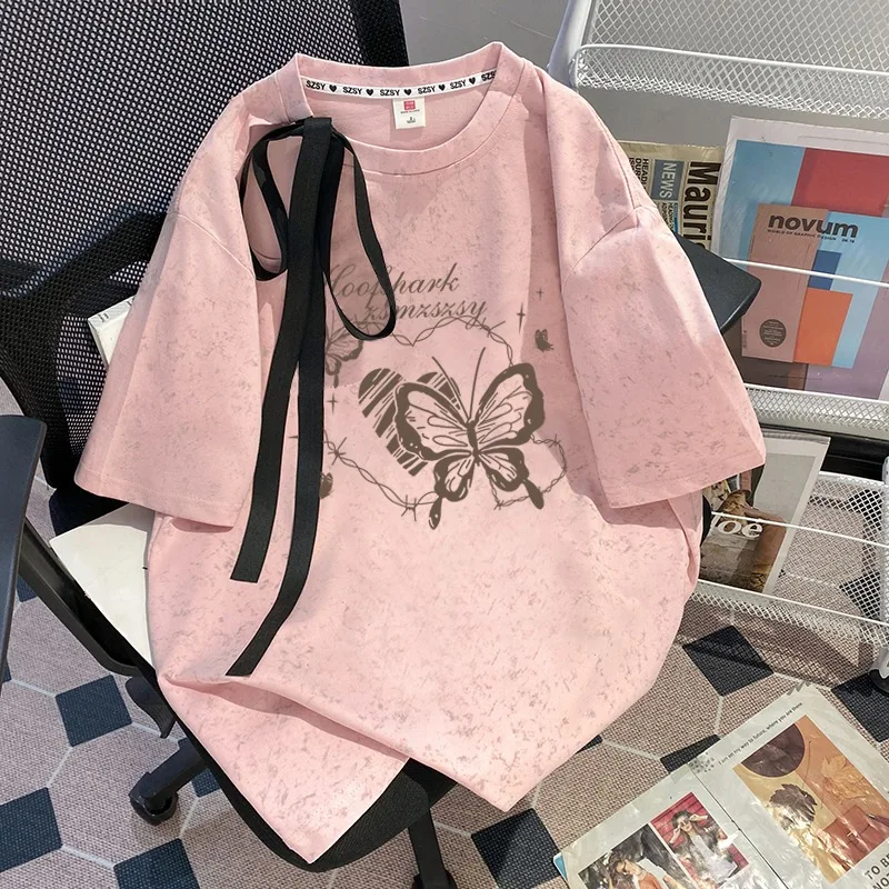 2025 Summer New Versatile Casual Sweet Cute Streamer Bow Hollow Out Tie-dye Printed Short-sleeved Women's T-shirt Top