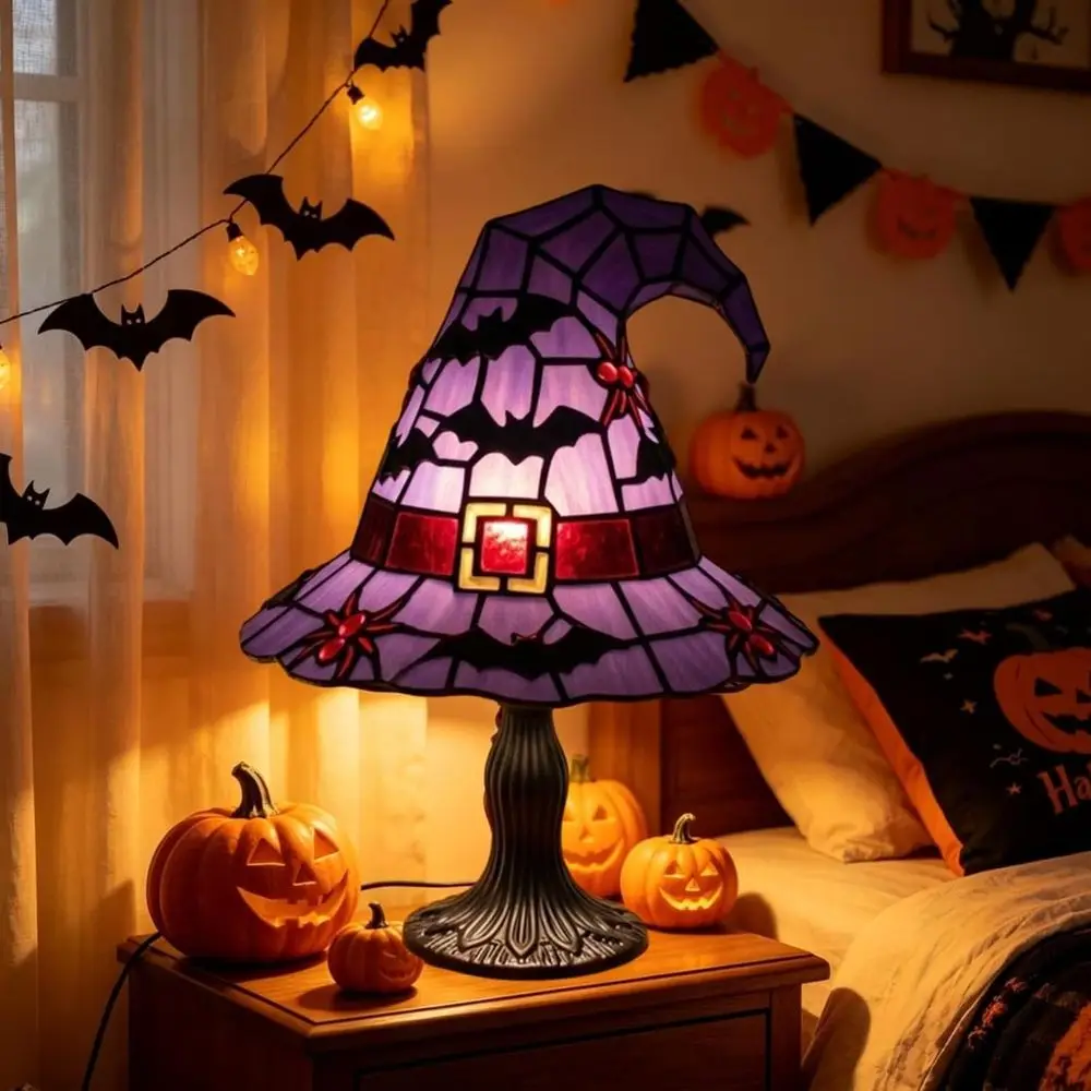Stained Glass Witch Hat Lamp Gothic Decor, Vintage Witchy Halloween Night Lights, Goth Table Lamps or Night Stands, Bedroom, Liv