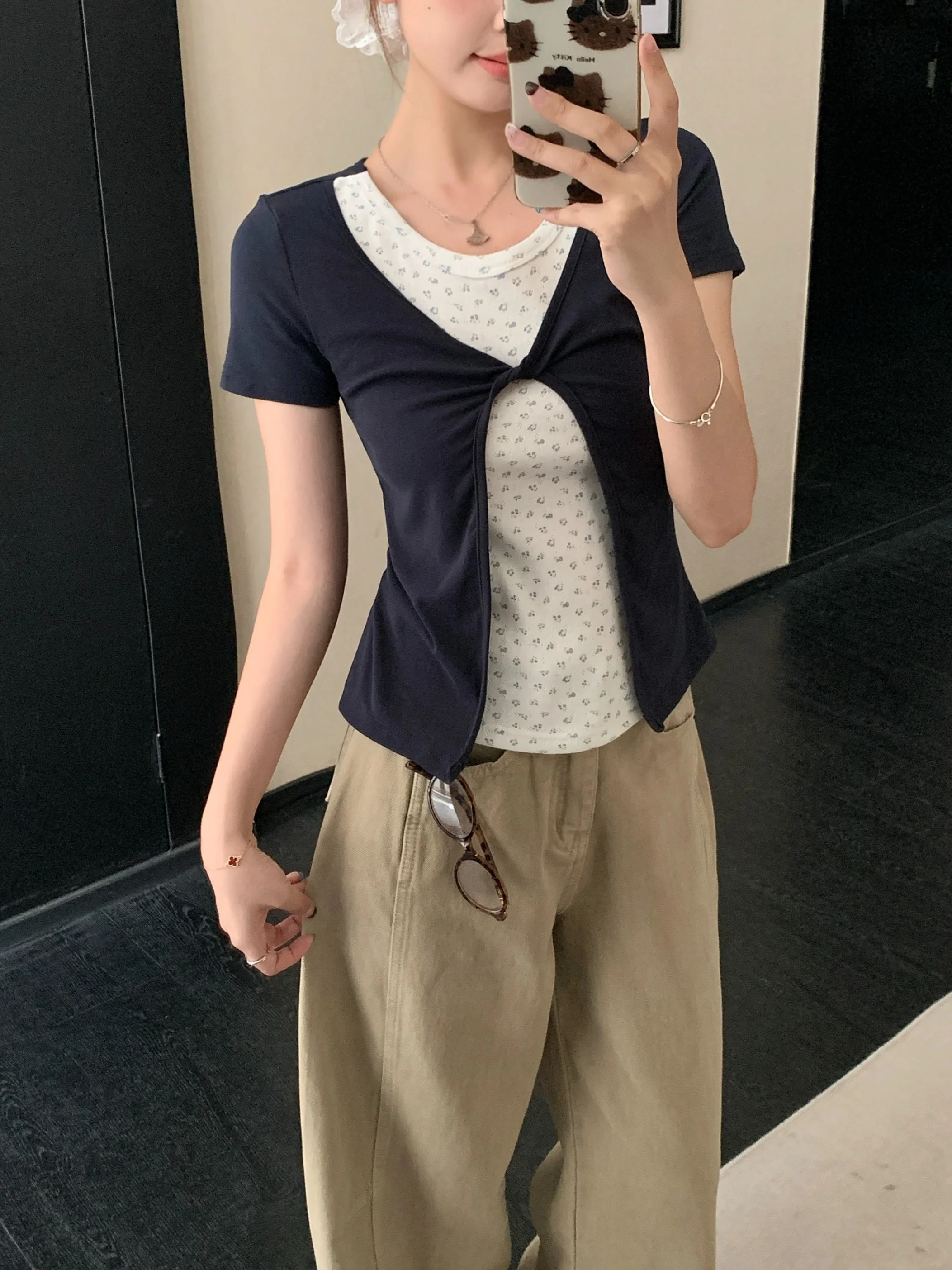 

plus Size Floral Print Patchwork Short Sleeve Slimming T-Shirt Summer New Style Color Block Top Women's Korean Style Commute ...