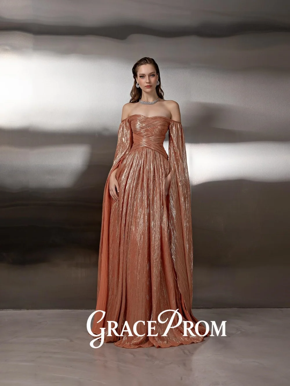 

GraceProm Glamorous Off-Shoulder Evening Dress 2026 Wide-Sleeve Carpet Gown Stylish A-Line Floor-Length Party Gown فساتين