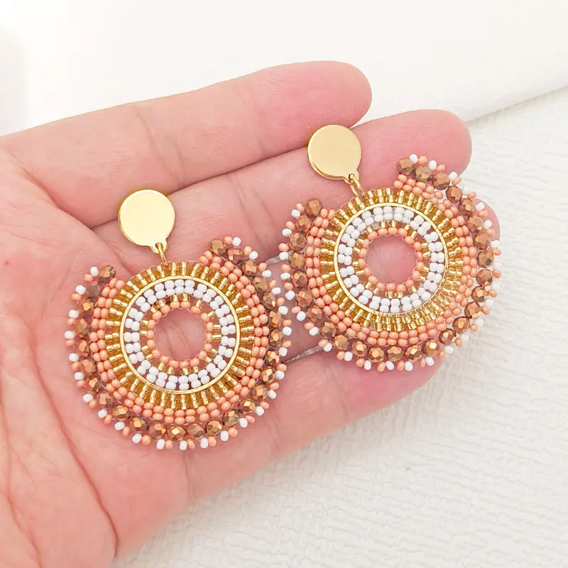 Beaded earrings Roundness Originality Crystal Hand knitting Bohemia Alloy Tide Simple Rice bead earrings