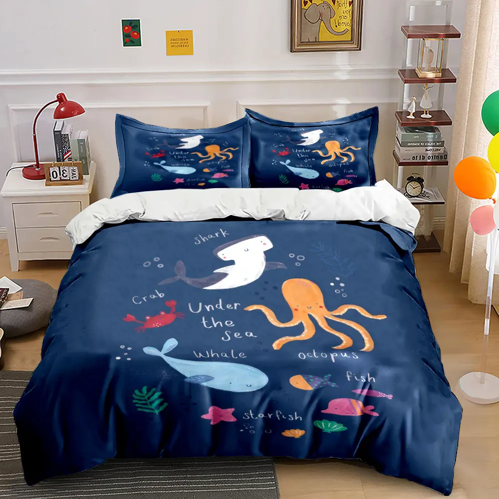 

3Pcs Under the Sea Bedding Set, Cute Watercolor Ocean Animals Print Duvet Cover + 2 Pillowcases, Kids Nursery Decor