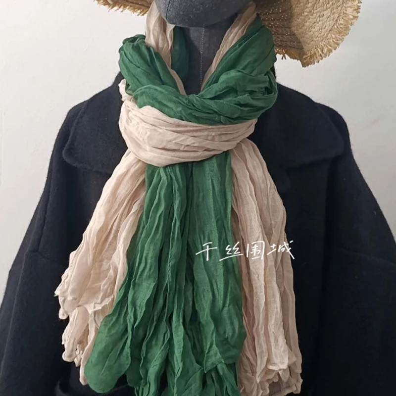 Solid Color Cotton Linen Scarf Shawl for Autumn Winter Warm Wrinkle Texture Lightweight Unisex Wrap Accessory Green Retro Style​