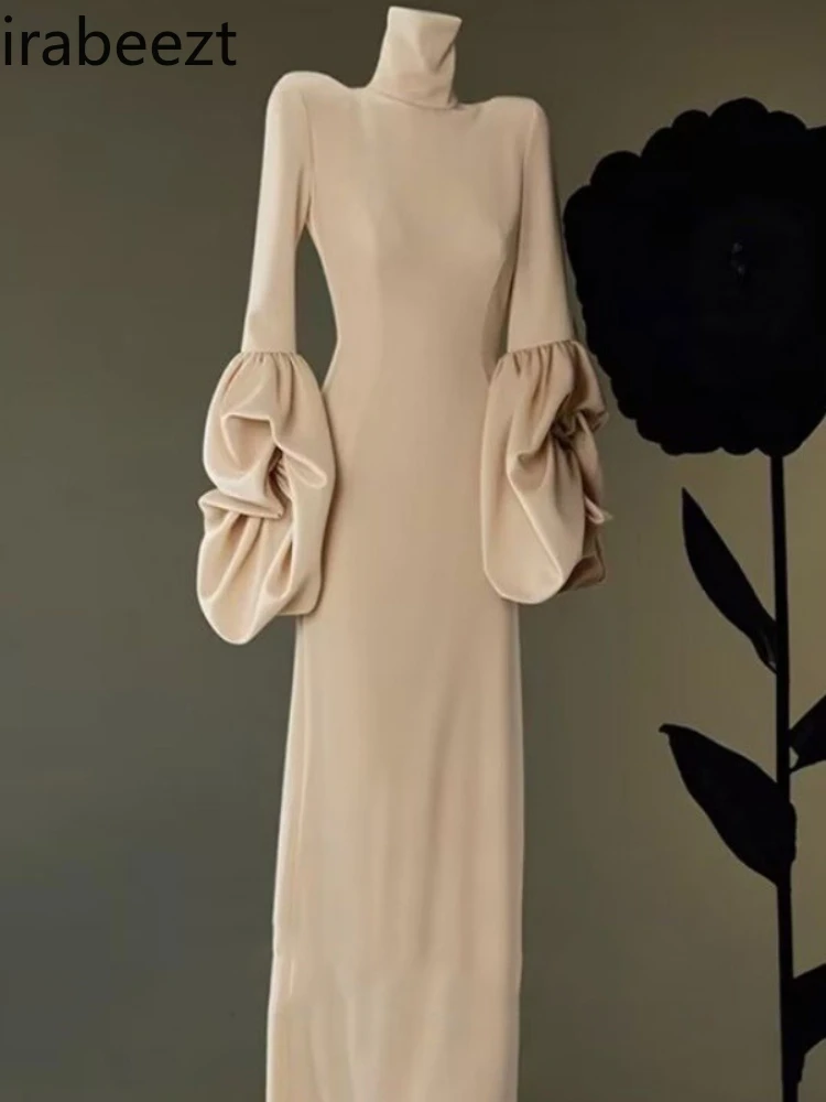 

2025 New Luxury Women's Silk Velvet High-Neck Long-Sleeve Dress - Elegant Winter Mauve Midi Robe Dates & Everyday Wear