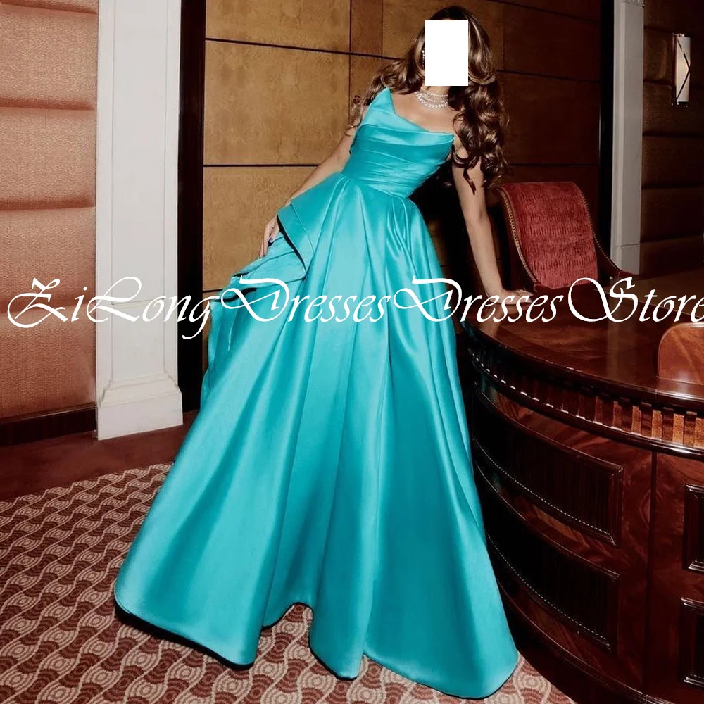 Customized Temperament Satin Blue Evening Dress High Quality Strapless A-Line Sleeveless Floor Length Special Occasion Gowns