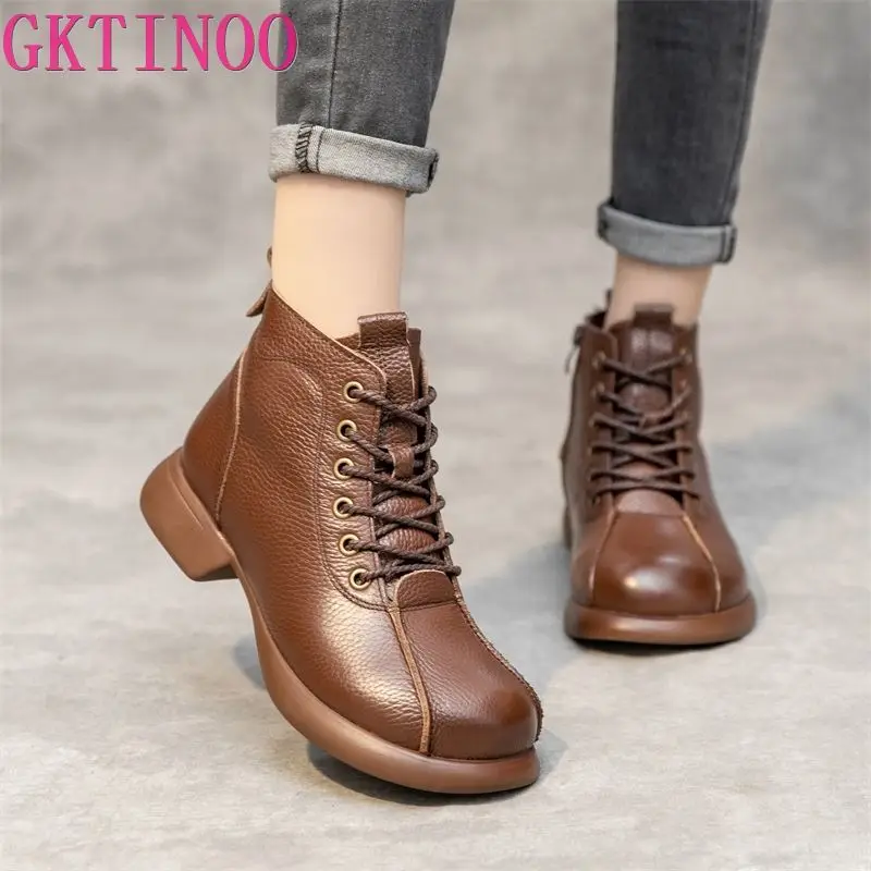 GKTINOO 2024 Winter Women Ankle Boots Genuine Leather Thick Heel Zipper Soft Soled Retro Style Casual Mother Short Boots