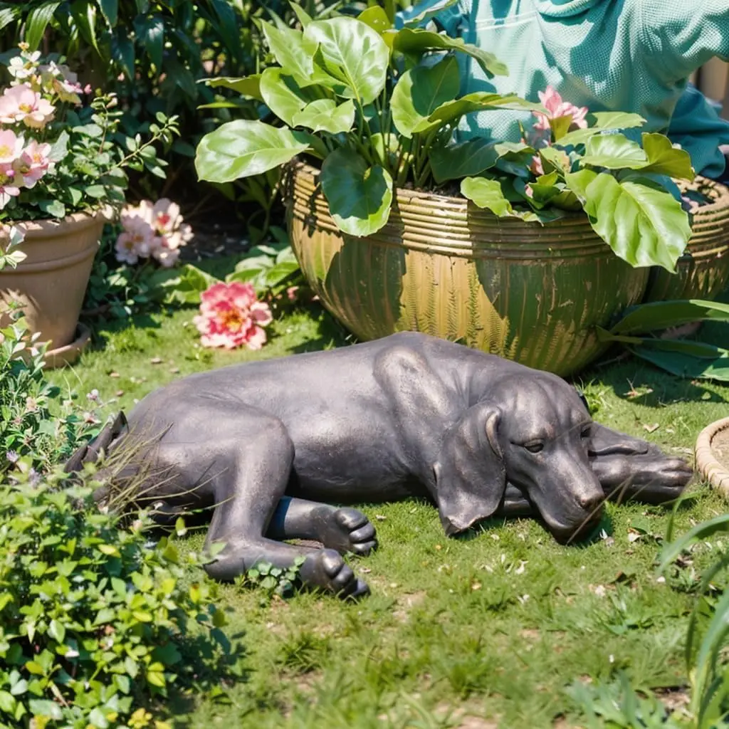 Sleeping Dog Resin Garden Sculpture Patio Lawn Yard Statue Outdoor Decor