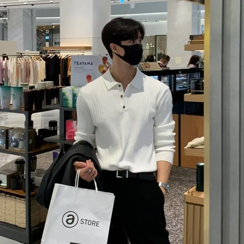 

Мужской премиум-свитер из тонкой шерсти с V-образным вырезом, приталенный, с длинным рукавом, отложным воротником, в стиле поло