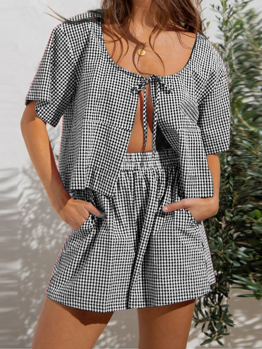 Women Cute Bow Tie Front Pajama Sets Short Sleeve Vintage Plaid Print Cutout Lace Up Tops Elastic Waist Shorts Loungewear Set