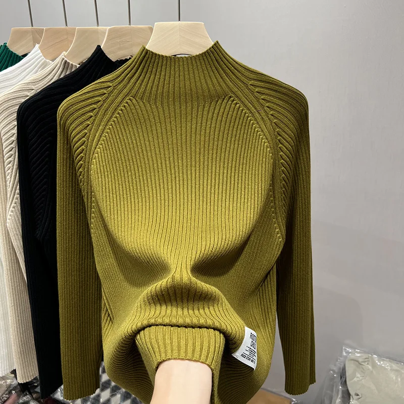 Oversized Vintage Sweater Women Korean Fashion Half-Turtleneck Knitted Pullover All-Match Casual Basic Long Sleeve Knitwear Top