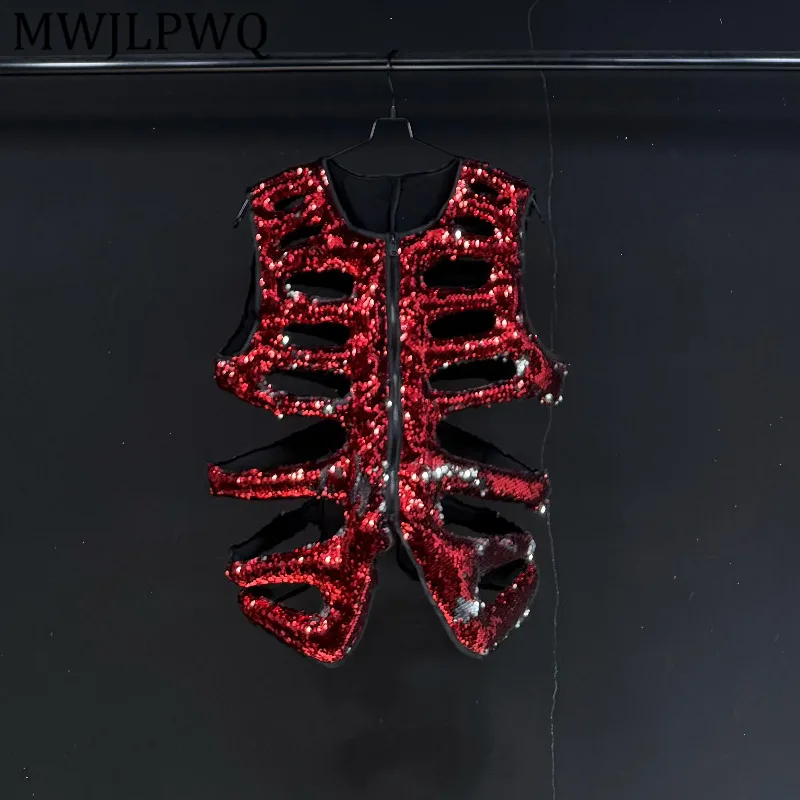 

MWJLPWQ Trendy Sequin Design Red Dark Cut Versatile Vest Men's High Street Sleeveless Zipper Casual Style Tops Spirng New 13046