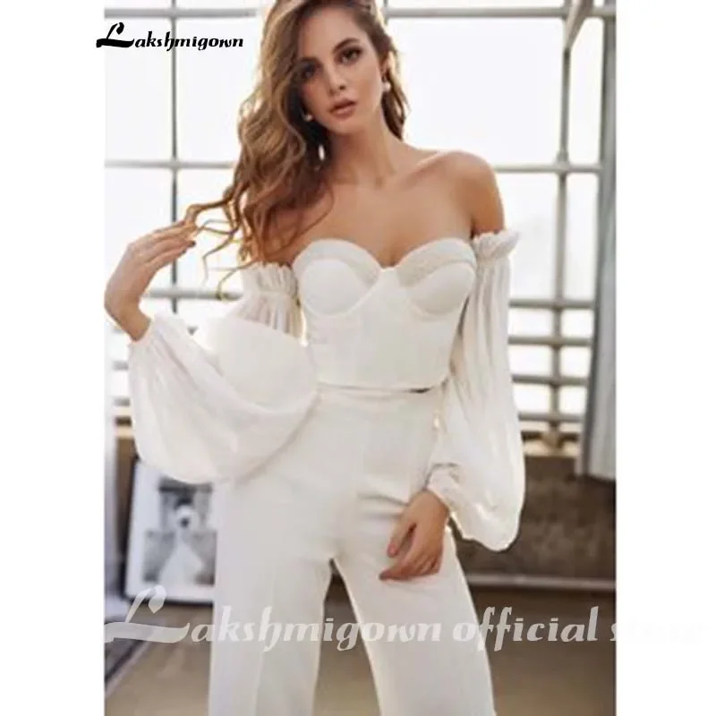 2020 Jumpsuit Wedding dress With Detachable long sleeves Sequins Country Beach Wedding Dress robes de mariée