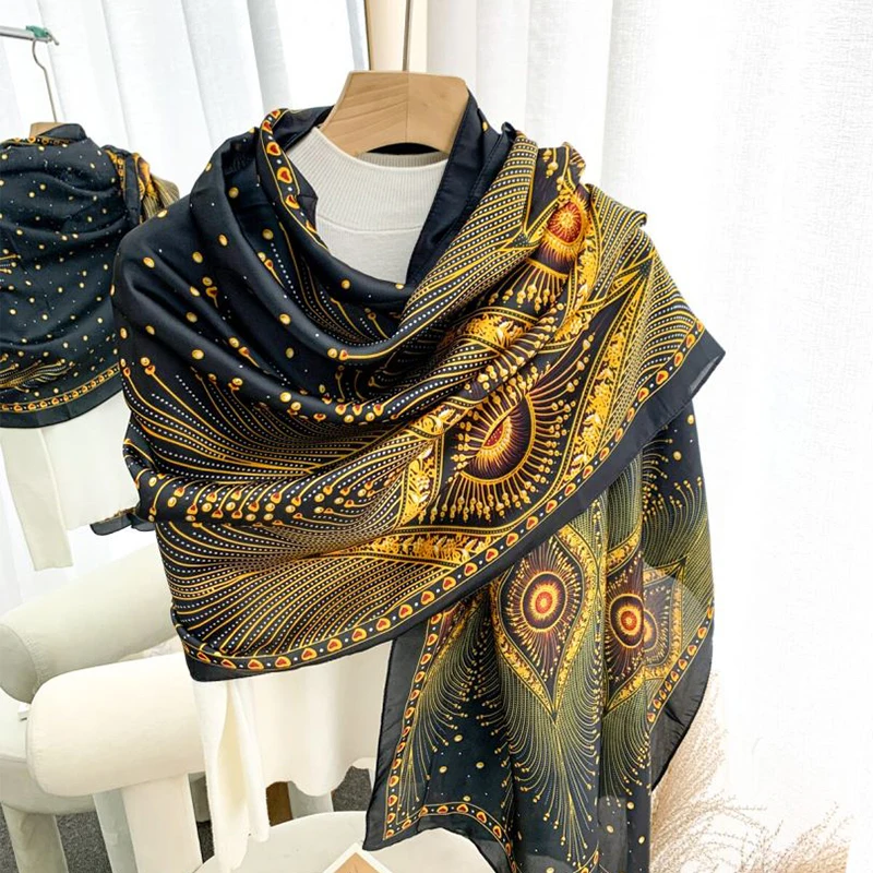 Marca de luxo grande lenço de seda macia feminino elegante impressão longo xale lenço verão elegante viagem envoltório quente