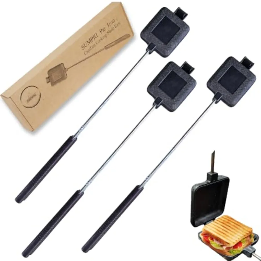 Juego de Planchas para Sándwiches de Hierro Fundido, Grande, para Acampar, 3 Piezas, Cocina para Sándwiches al Aire Libre, Equipo para Asar a la Leña