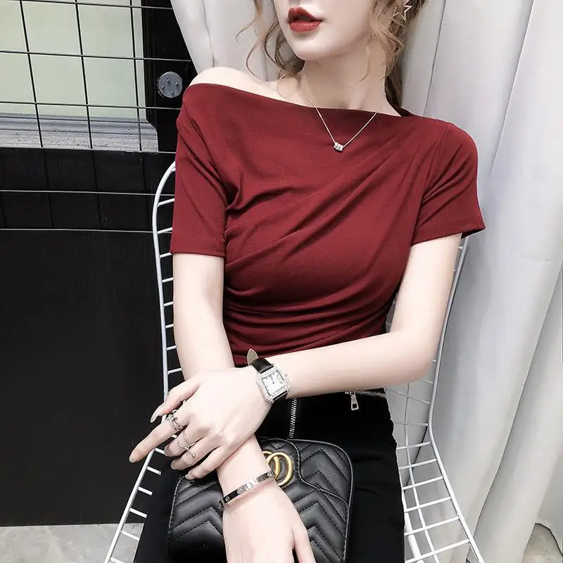 

Sexy Summer New Short Sleeve Off Shoulder Slim T Shirts Solid Color All-match Fashion Tops Tees Vintage Elegant Women Clothing