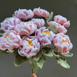 Handmade Crochet Peony Bouquet Simulation Flower Wool Hand-woven DIY Peony Gradient Color Flowere Artificial Flower