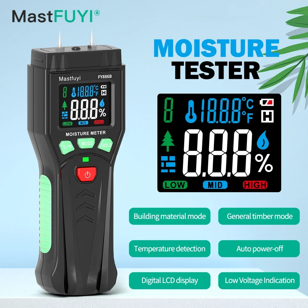 MASTFUYI Professional Moisture Meter with LCD Screen for Timber and Building Materials with Ambient Temperature Measurement