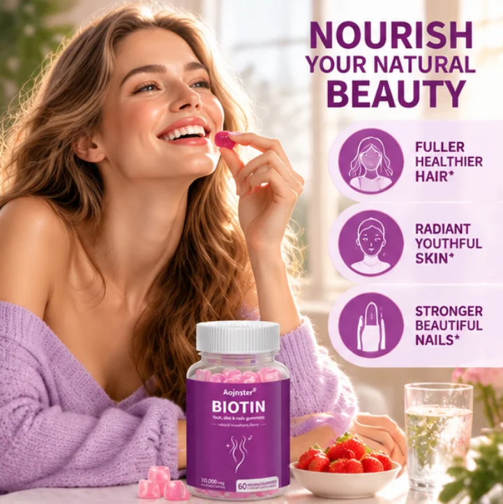 Biotin Vegan Gummies for Hair Skin Nails, 10000mcg Per Serving, Natural Strawberry Taste 60 Chewable Gummies
