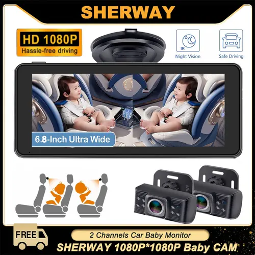 Espejo de coche para bebé, asiento trasero de doble canal, cámara de coche para bebé 1080P con visión trasera, Monitor de coche, pantalla IPS de 6,8 pulgadas, visión nocturna para mascotas y niños