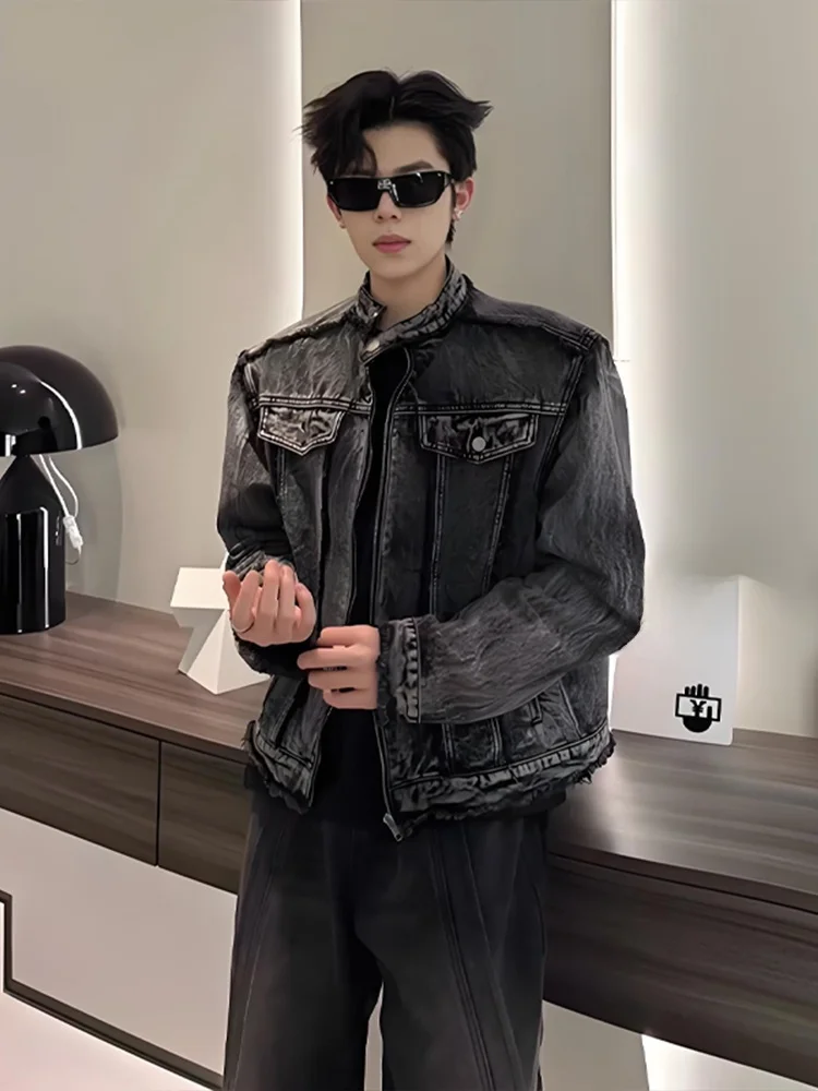 

Waed Bla oulder Pad ort Jeans Jaet Men's Model High-End Feeling Cool Sle Spring Autumn American Retro Workwear Ja...