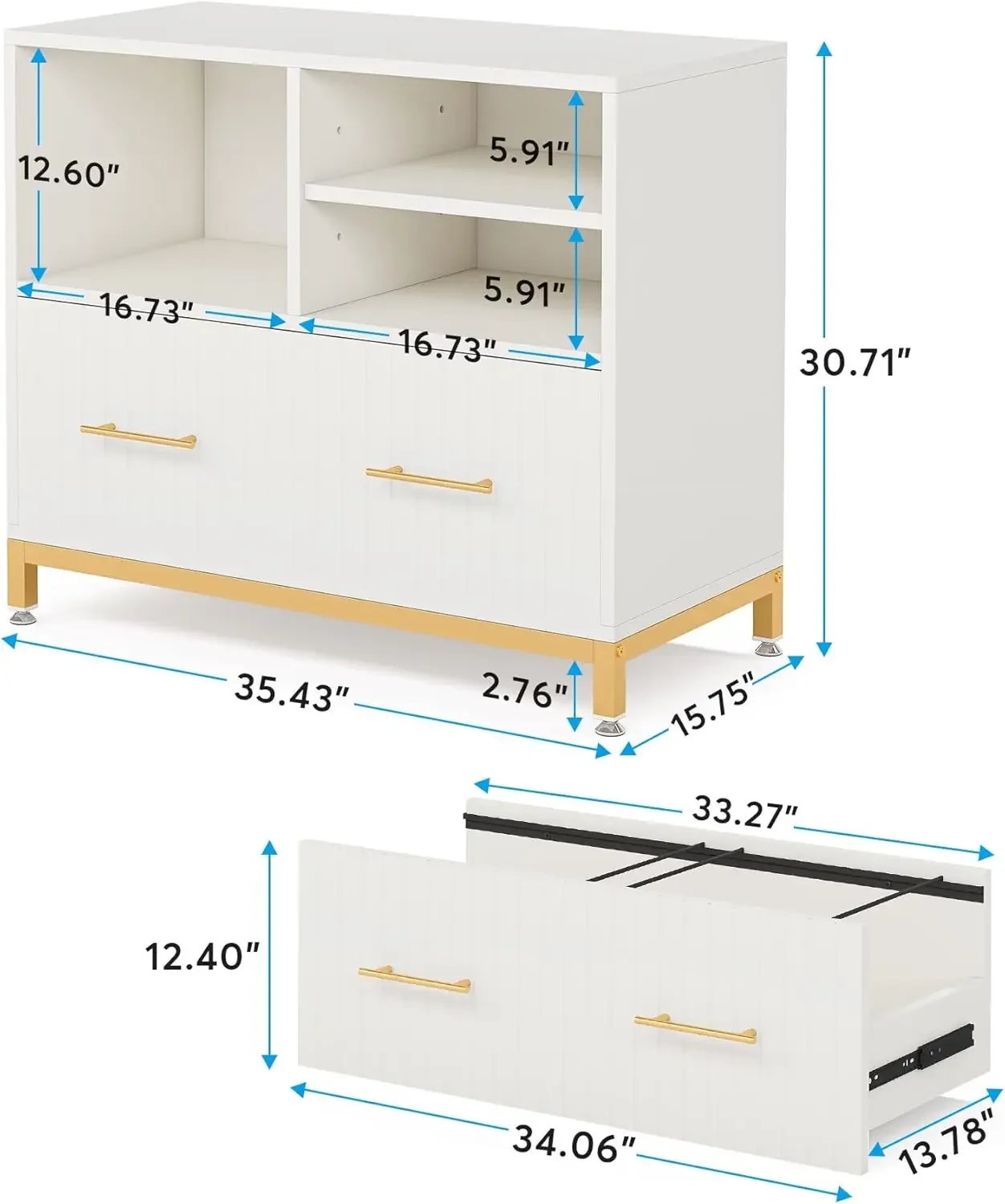 Lateral File Cabinet with Drawer, White Filing Cabinet with Adjustable Hanging Rod for Letter/Letter/ Size Files, 35.4