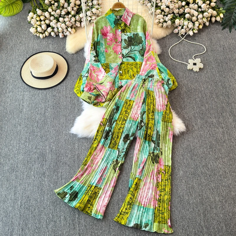 Fashion Elegant 2 Pieces Suit Women Design Sense Batwing Sleeve Shirt Tops + Loose Pleated Wide-leg Pants Female Clothes 2023