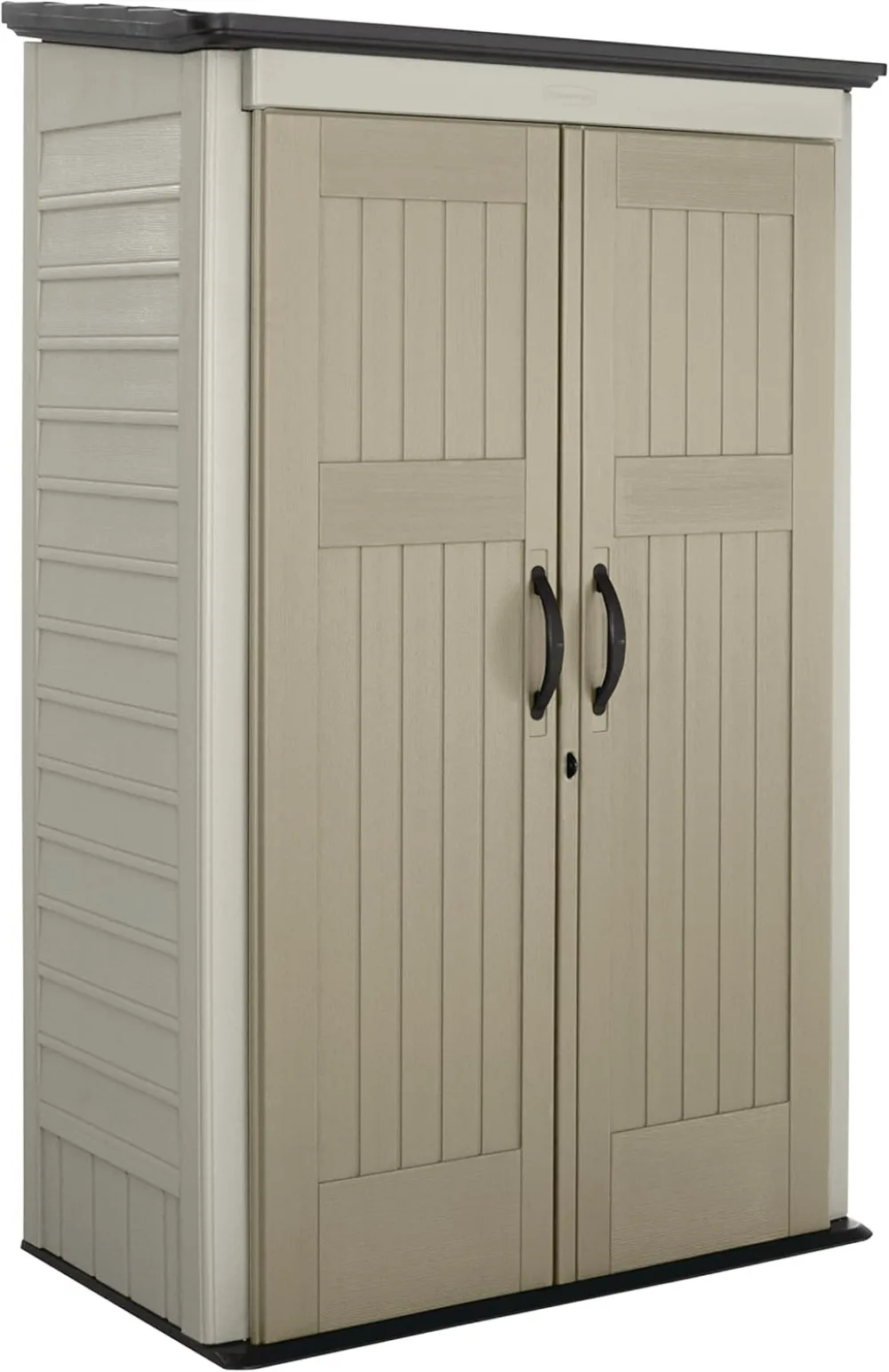 Rubbermaid Vertical Resin Outdoor Storage Shed With Floor (4 x 2.5 Ft), Weather Resistant, Beige/Brown, Organization for