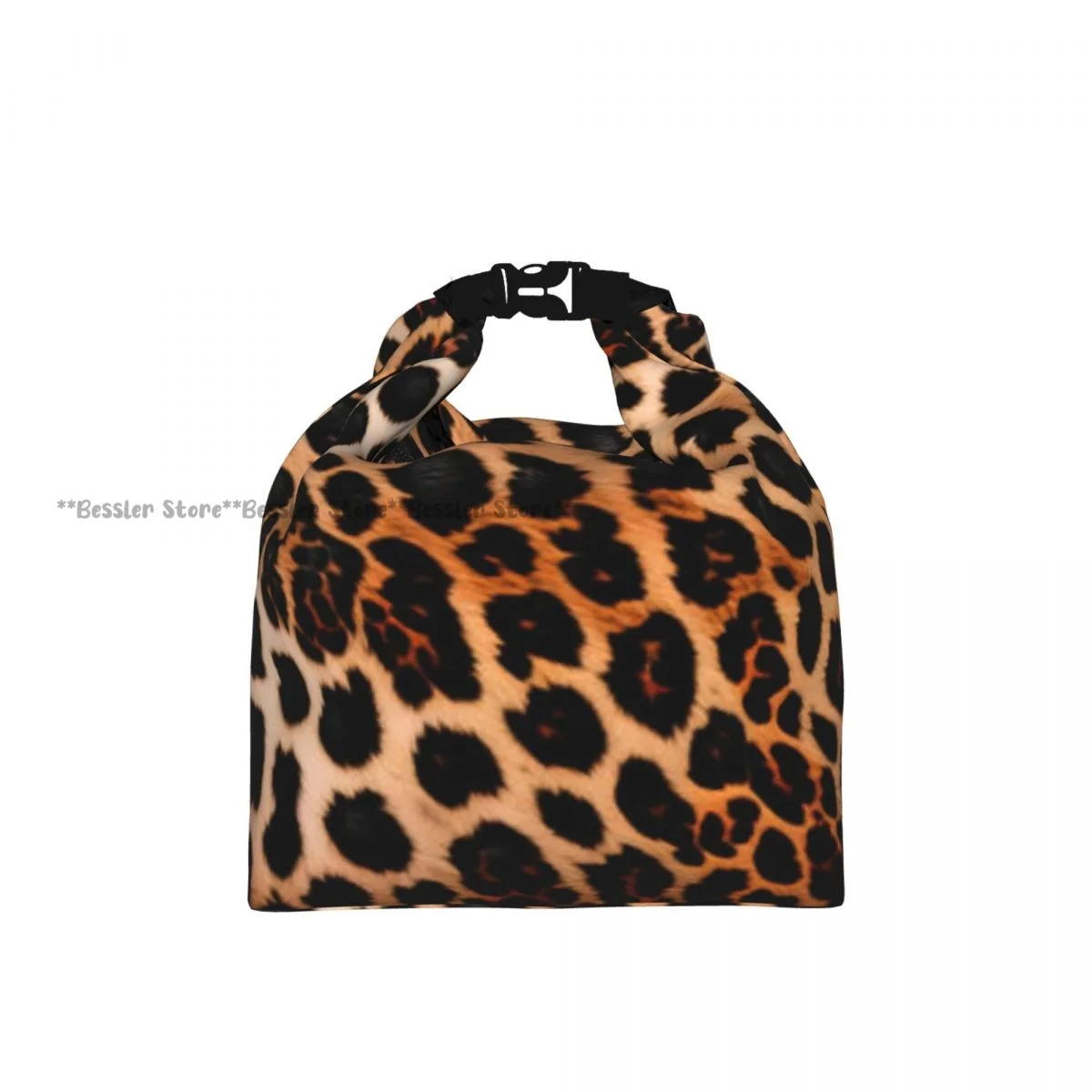 Foldable Roll-Top Thermal Lunch Bag Leopard Texture Insulation Lunch Box Carrier for Picnic Hiking