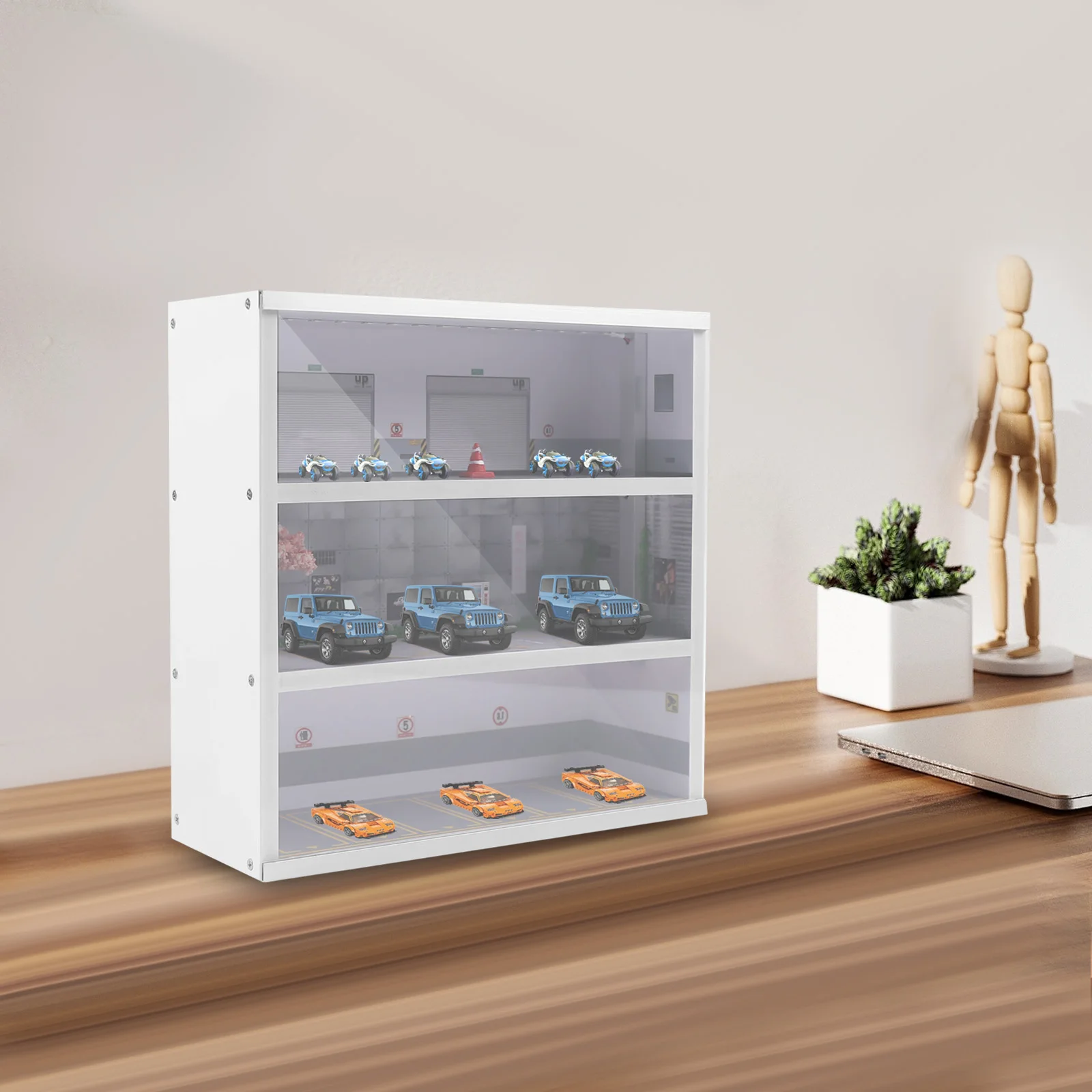 1:64 Simulation Diorama Parking Lot Display Case, 3 Tier 16 Parking Spaces Model Car Display Case with LED Light, Car Parking Lot Model for Diecast Car Collection - view 4