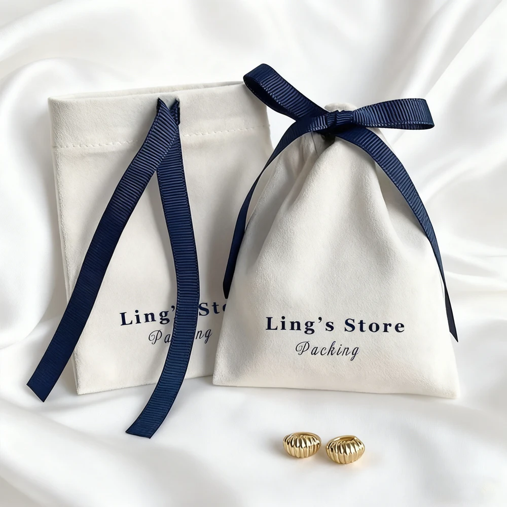 

50pcs Custom Logo Jewelry Packaging Gift Bags White Flannel Pouches Velvet Ribbon Drawstring Small Jewelry Earring Organizer Bag