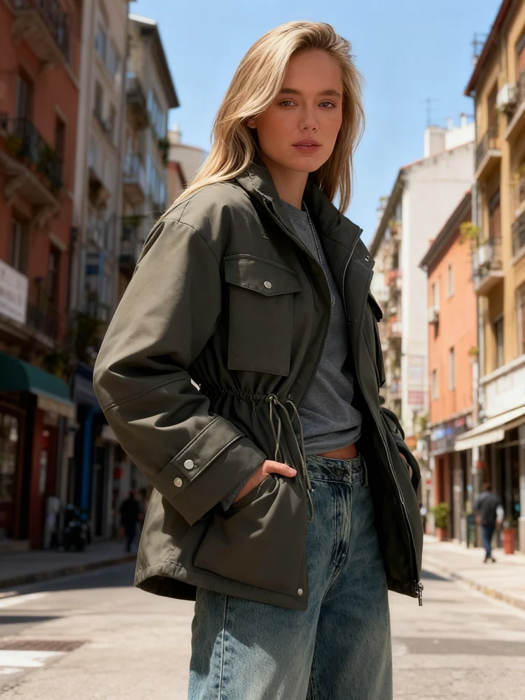 High Neck Zipper Multi Pockets Jacket Woman Solid Color Waist Cinched Long Sleeve Casual Coat Fashion Street Women's New Jackets 1