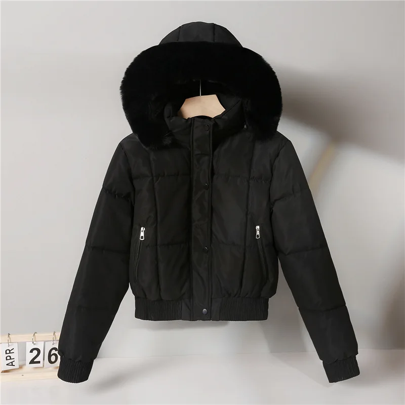 Parkas Coats Women Short Solid Jackets Zipper Pocket Fur Collar Hooded Long Sleeves Thick Loose Office Lady Casual 2025 Winter