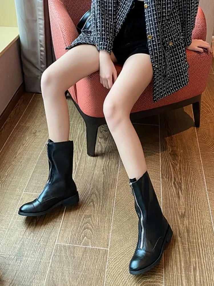 Street Style Front Zipper Genuine Leather Ankle Boots Women Vintage White Flat Boots Spring Autumn Thick Heel High Top Shoes