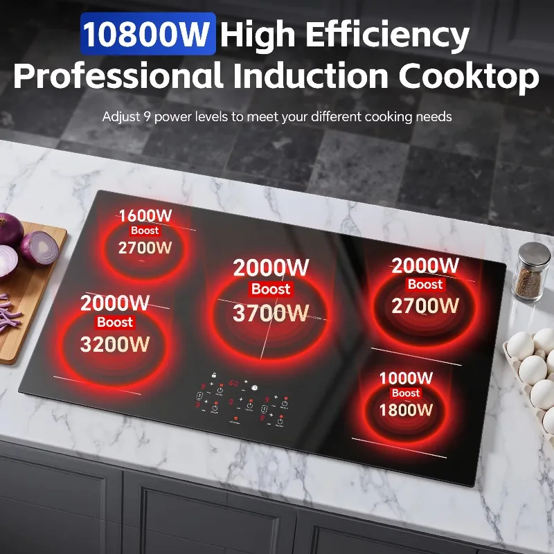 Airo 36 Inch Built-in  Electric Induction Cooktop 5 Burners, 10800W,Booster, Timer, Child Lock, Sensor Touch Control,No Plug