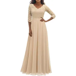 Women Elegant Maxi Long Evening Dress Solid Color Lace Patchwork Backless V Neck High Waist Dress Wedding Party Bridesmaid