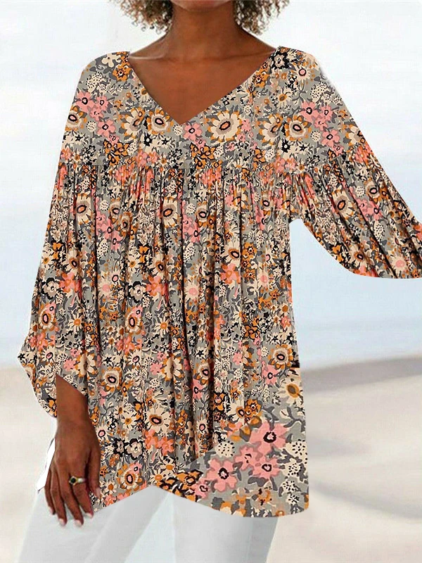 Plus Size Women Irregular Long Sleeve V-neck Floral Printed Graphic Top