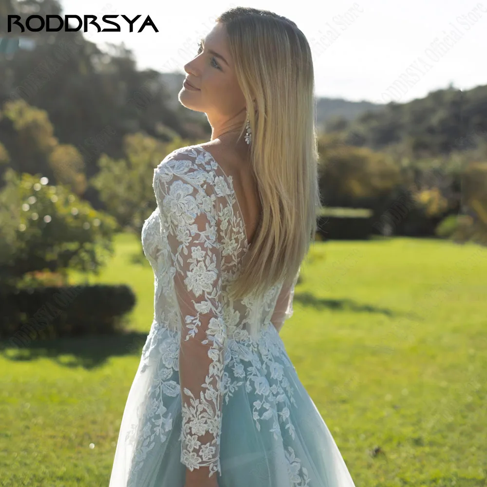 RODRSYA Luxo Renda Vestido de Casamento Vestidos Mangas Longas Decote ColheRODDRSYA Luxo Lace Vestido De Noiva Vestidos Mangas Compridas Scoop Neck Backless A-Line Applique Vestido De Noiva Custom Made Vestido De Noiva