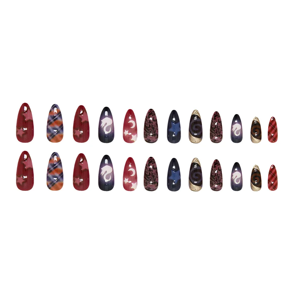 24pcs uñas postizas almendra estilo Y2K, diseño luna y estrella, patrón de cisne, uñas press-on dulces y geniales de cobertura completa 5