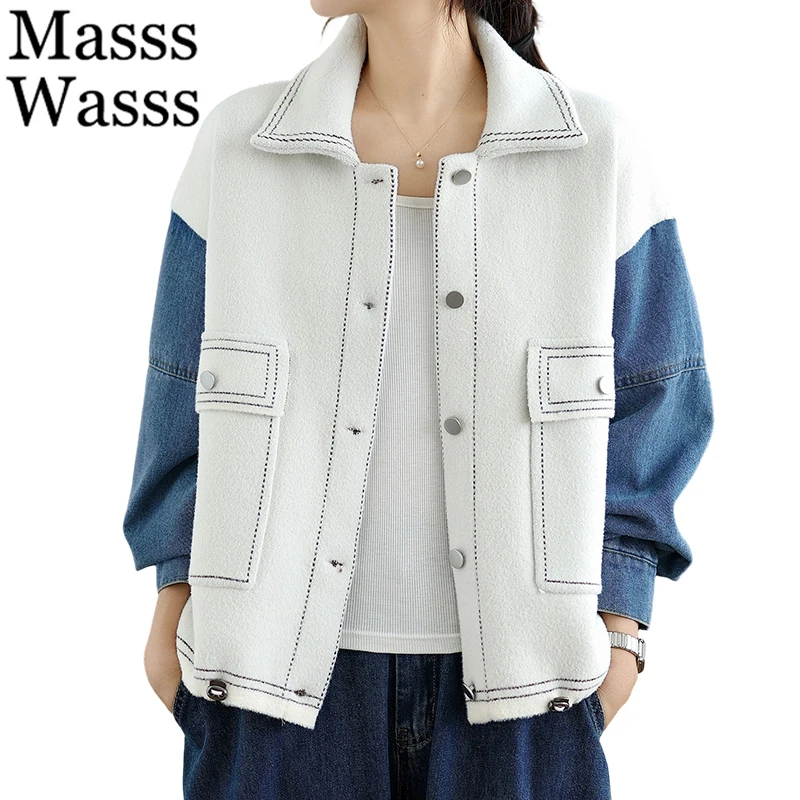 

Masss Wasss 2025 Autumn Korean Fashion Coats Womens Casual Denim Patchwork Design Jackets Ladies Vintage Classic Loose Outerwear