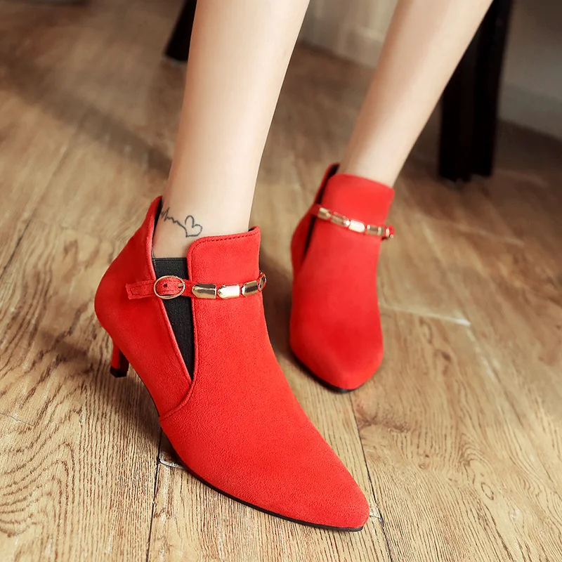 Retro Gray Red Green Women Boots Vintage Ankle Boots For Women Fashion Buckle Women\'s Short Boots Shoes Ladies Large Size
