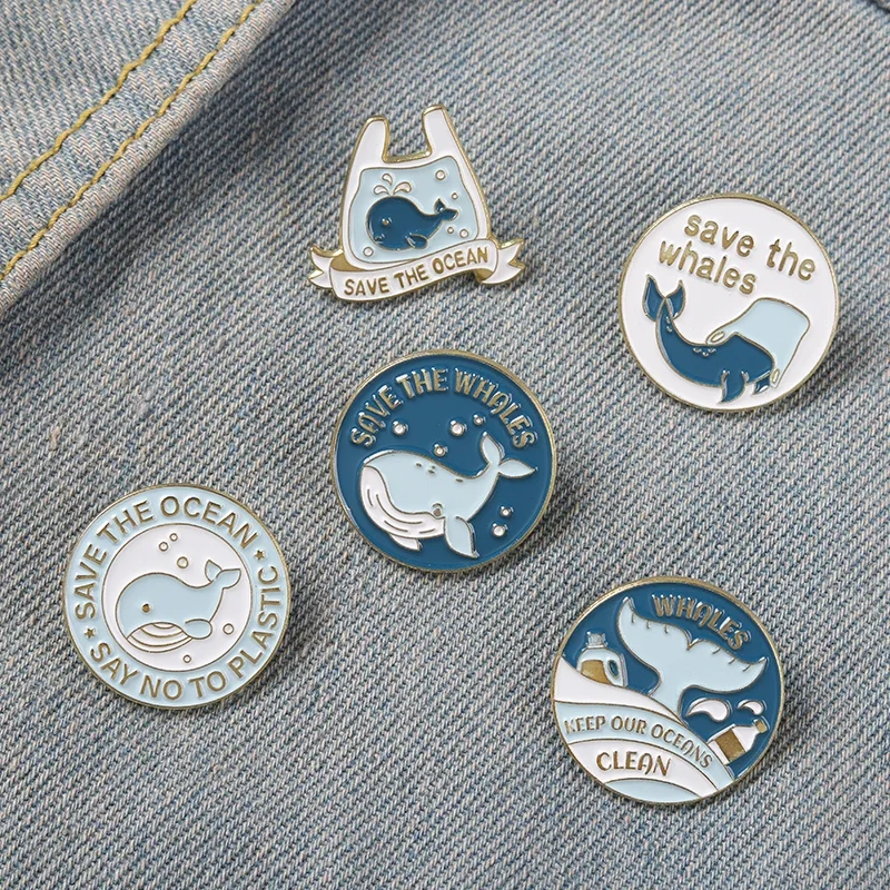 Save the Ocean Enamel Pins Stop Plastic! Brooch Humpback Whale Tail On the Sea Lapel Pin Badges Whale Clother Jewelry Wholesale