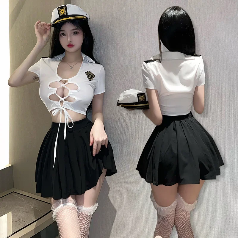 Woman Instructor Uniform with Hat Seduction Clothing Sexy Lingerie Underwear Police Uniform Cosplay Costumes Police