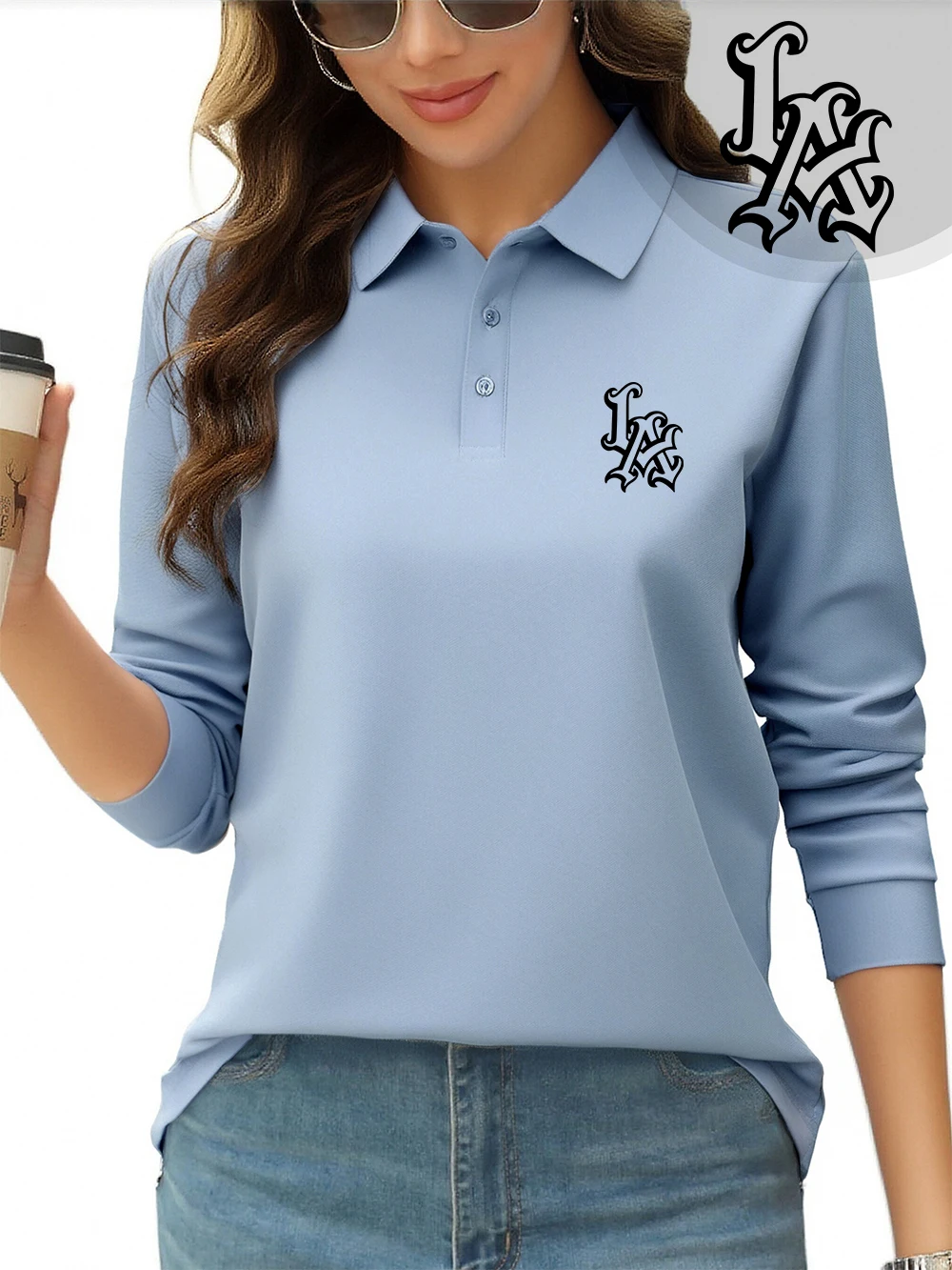 1987 La-Druck-Poloshirts für Damen, sportlich, langärmelig, T-Shirts, Frühling, atmungsaktiv, Revers-Tops, lässig, Basic, Damen, neue Arbeitskleidung