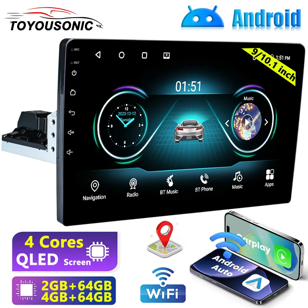 

TOYOUSONIC 1 Din 9/10Inch Android Car Radio 4-64G Qled Screen Mirror Link 4 CORE WIFI BT Car Radio Autoradio Multimedia Player