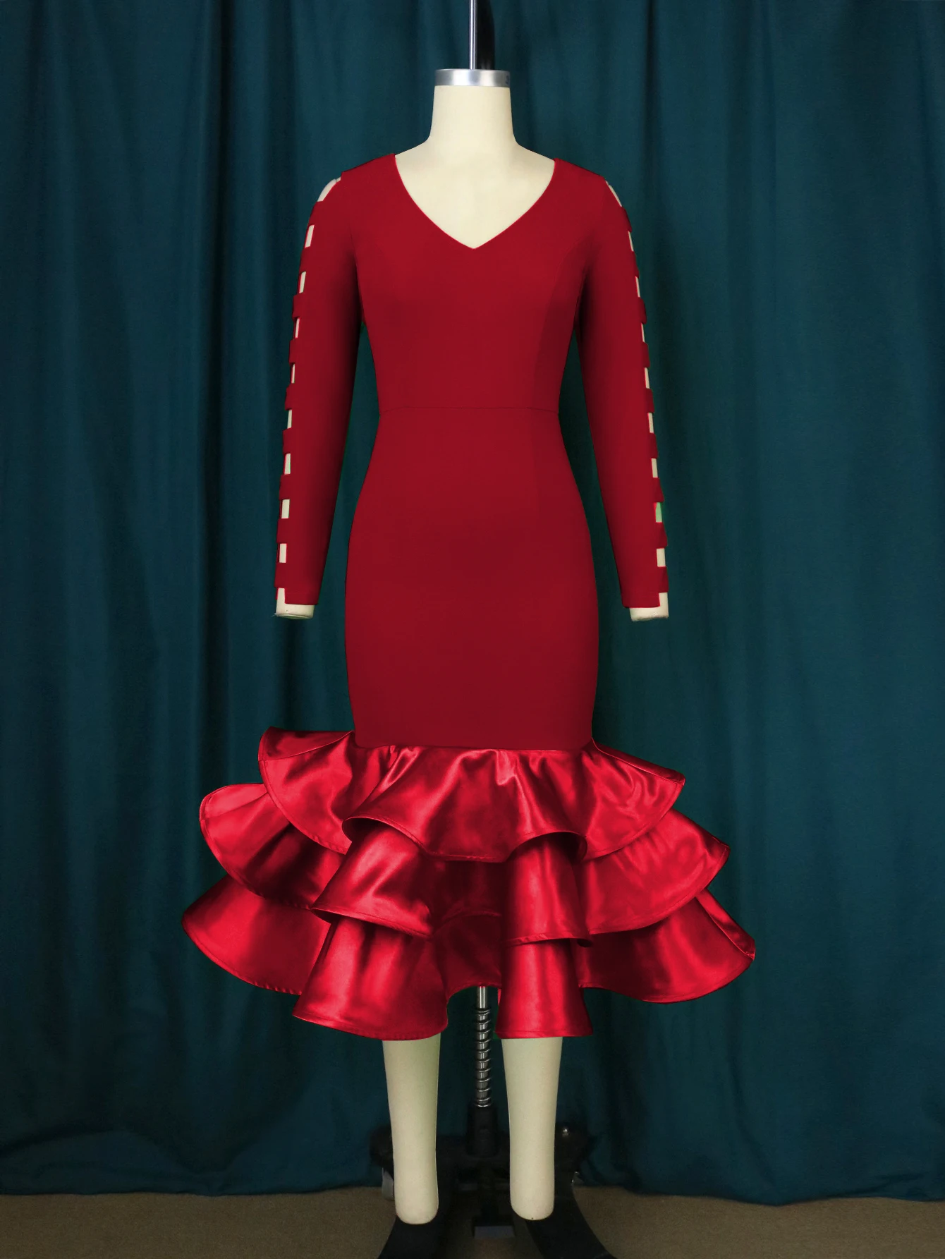 AOMEI-Vestido feminino de manga comprida, recortado, em camadas, enfeitado com babados, formal, modesto, formal, formal, vermelho, festa de Natal, novo, 2024