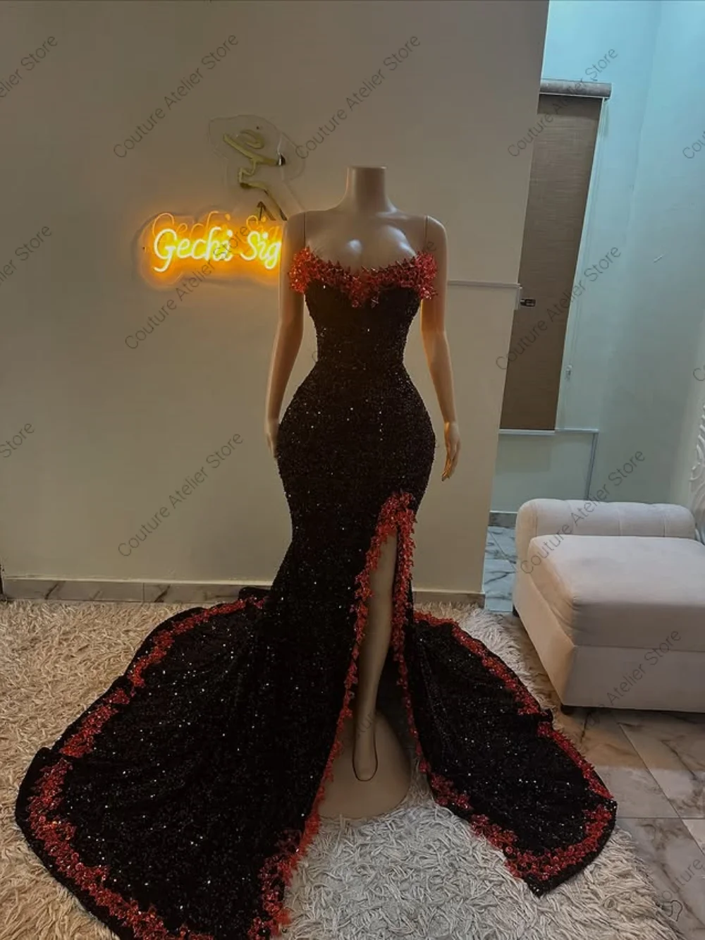 Pedras vermelhas dividir bola de formatura preto vestidos de baile preto menina sereia vestido de casamento africano sexy cocktail personalizado