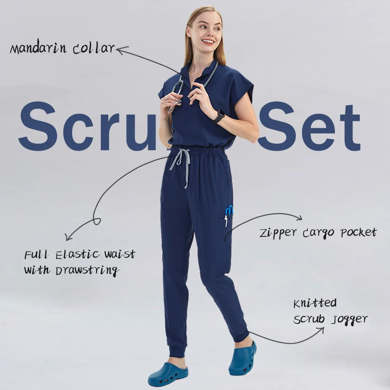 10 Tasche Set Scrub da Donna Collare Mandarino Infermiera Medica Uniforme Dottore Vestiti Tunica Jogger Pant Scrub Chirurgico Vestito S180